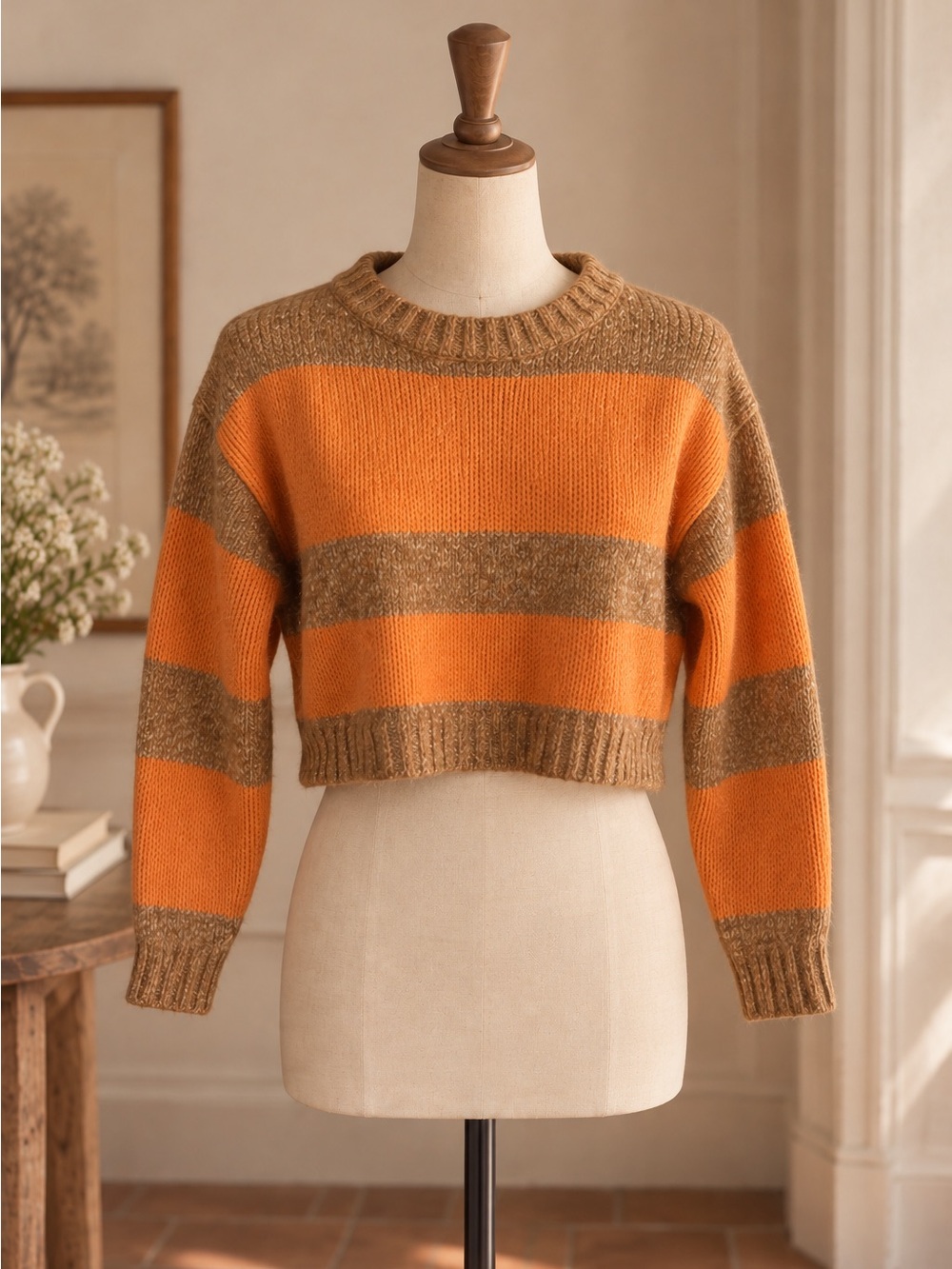 Massimo Dutti Orange and Brown Striped Wool Sweater Size XS